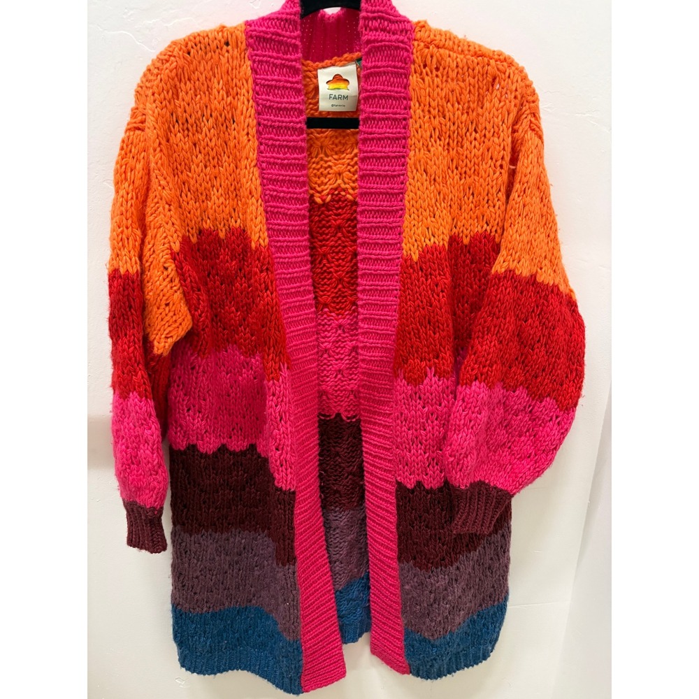 Farm Rio Oversized Chunky Knit Striped Cardigan Multicolor Open Front Small
